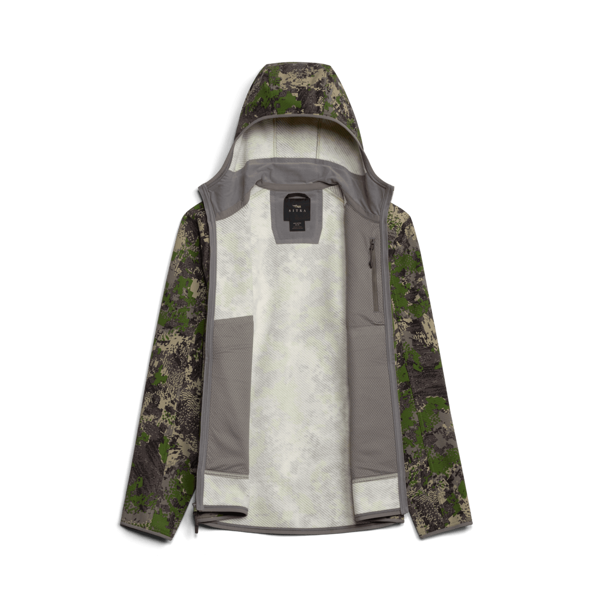 Camo-sleeve fleece hooded jacket with open front and light gray lining