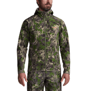 Hooded fleece jacket in green and brown camouflage pattern with full zip