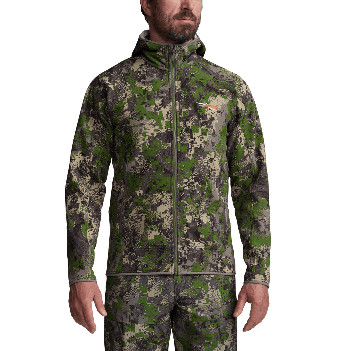 Hooded fleece jacket in green and brown camouflage pattern with full zip