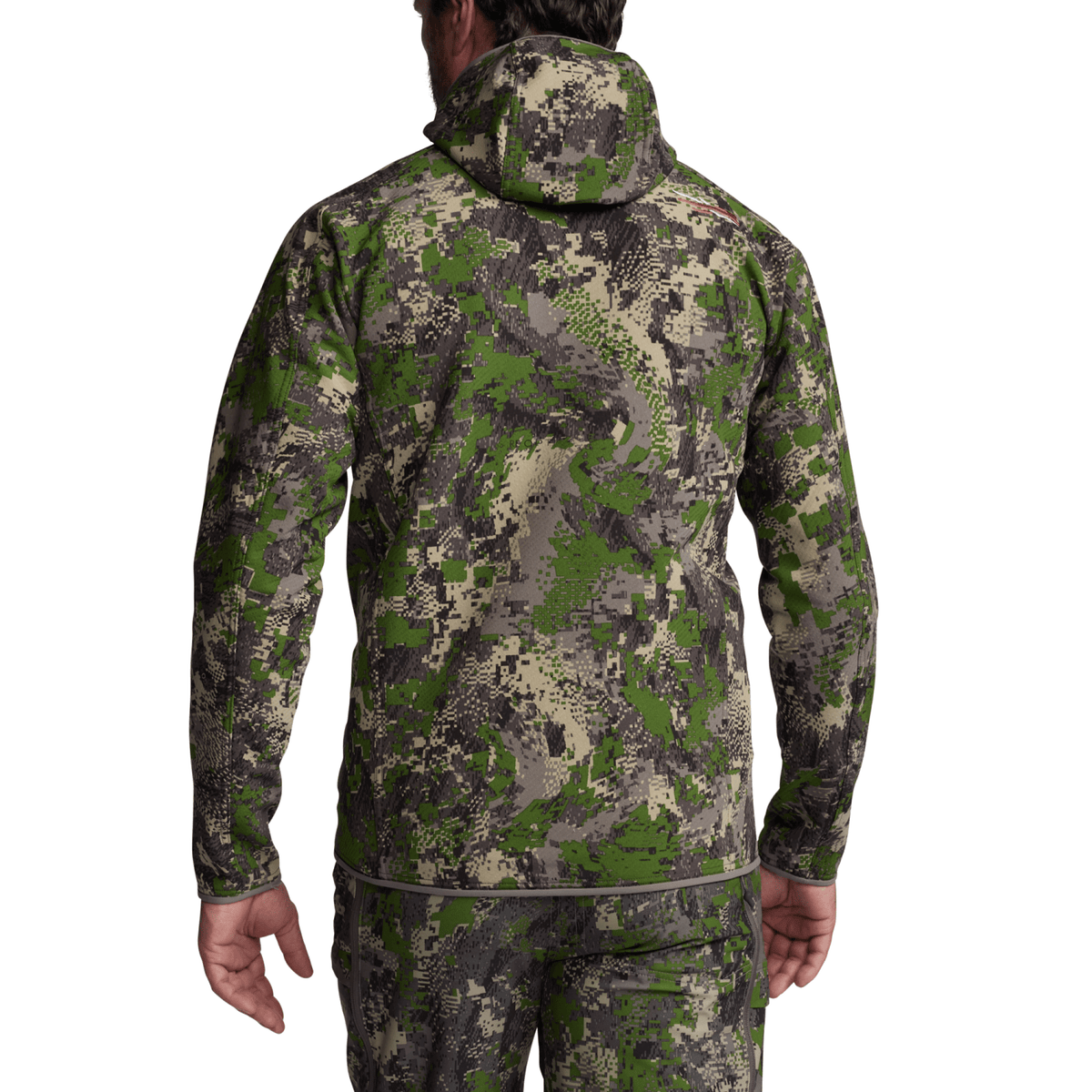 Green camouflage fleece hooded jacket, full-zip front, back view