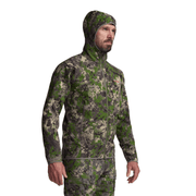 Green camouflage fleece hooded jacket, full-zip front and hood, front view