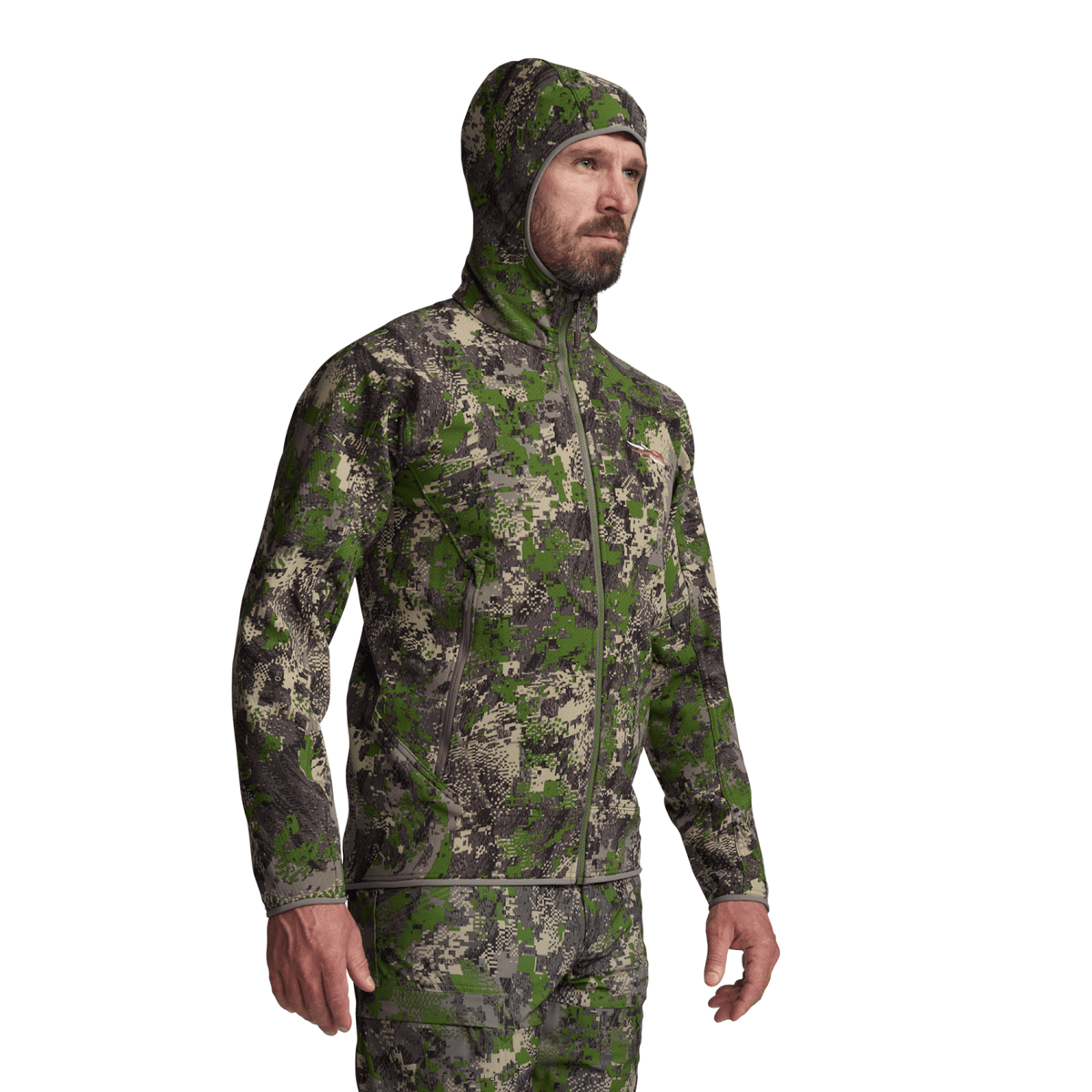 Green camouflage fleece hooded jacket, full-zip front and hood, front view