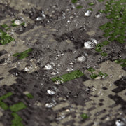 Camouflage fleece hooded jacket fabric close-up with textured speckled pattern