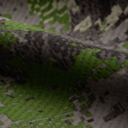 Fleece jacket camouflage fabric close-up, green and dark brown pixel print