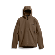 Tan/brown fleece hooded jacket, full-zip front, chest logo, side zip pockets