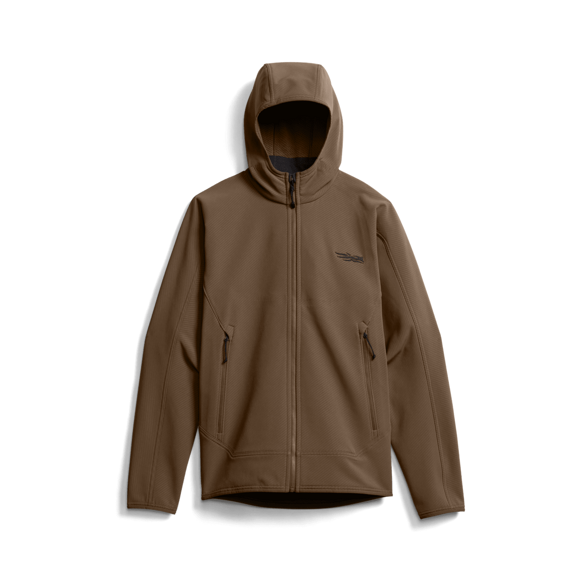 Tan/brown fleece hooded jacket, full-zip front, chest logo, side zip pockets