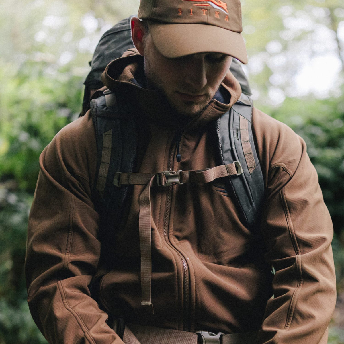 Fleece hooded jacket in tan/brown with full-zip and chest logo detail