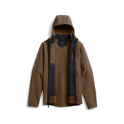 Tan hooded fleece jacket with full-zip front, side pockets, and chest logo