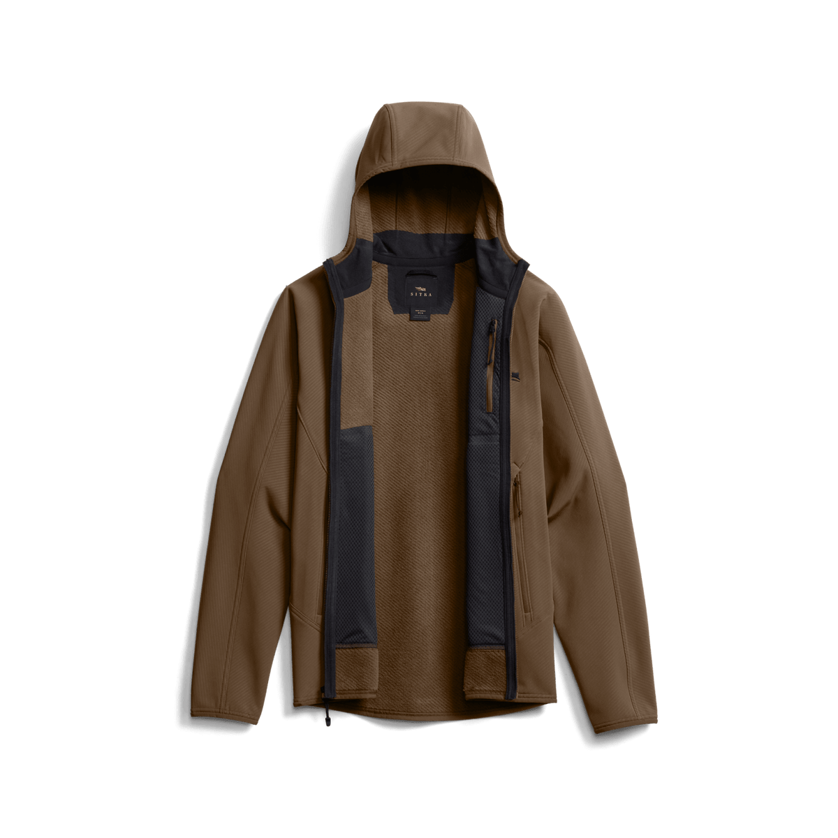 Tan hooded fleece jacket with full-zip front, side pockets, and chest logo