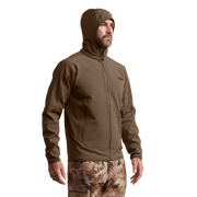 Tan/brown fleece hooded jacket with full-zip front, hood, and side zip pockets