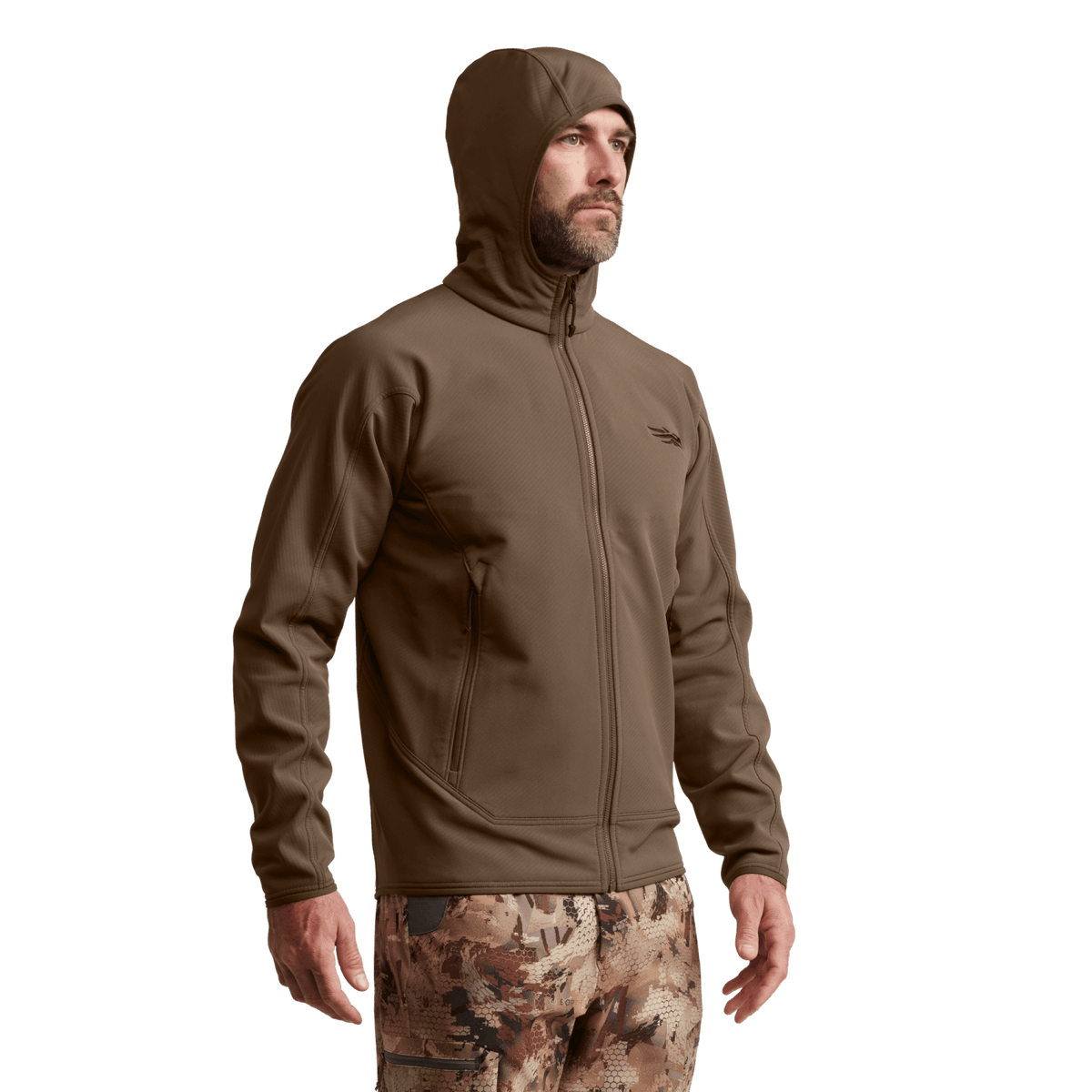 Tan/brown fleece hooded jacket with full-zip front, hood, and side zip pockets