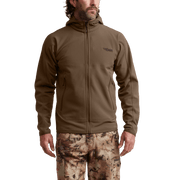 Tan/brown fleece hooded jacket with full-zip, side zip pockets, chest logo