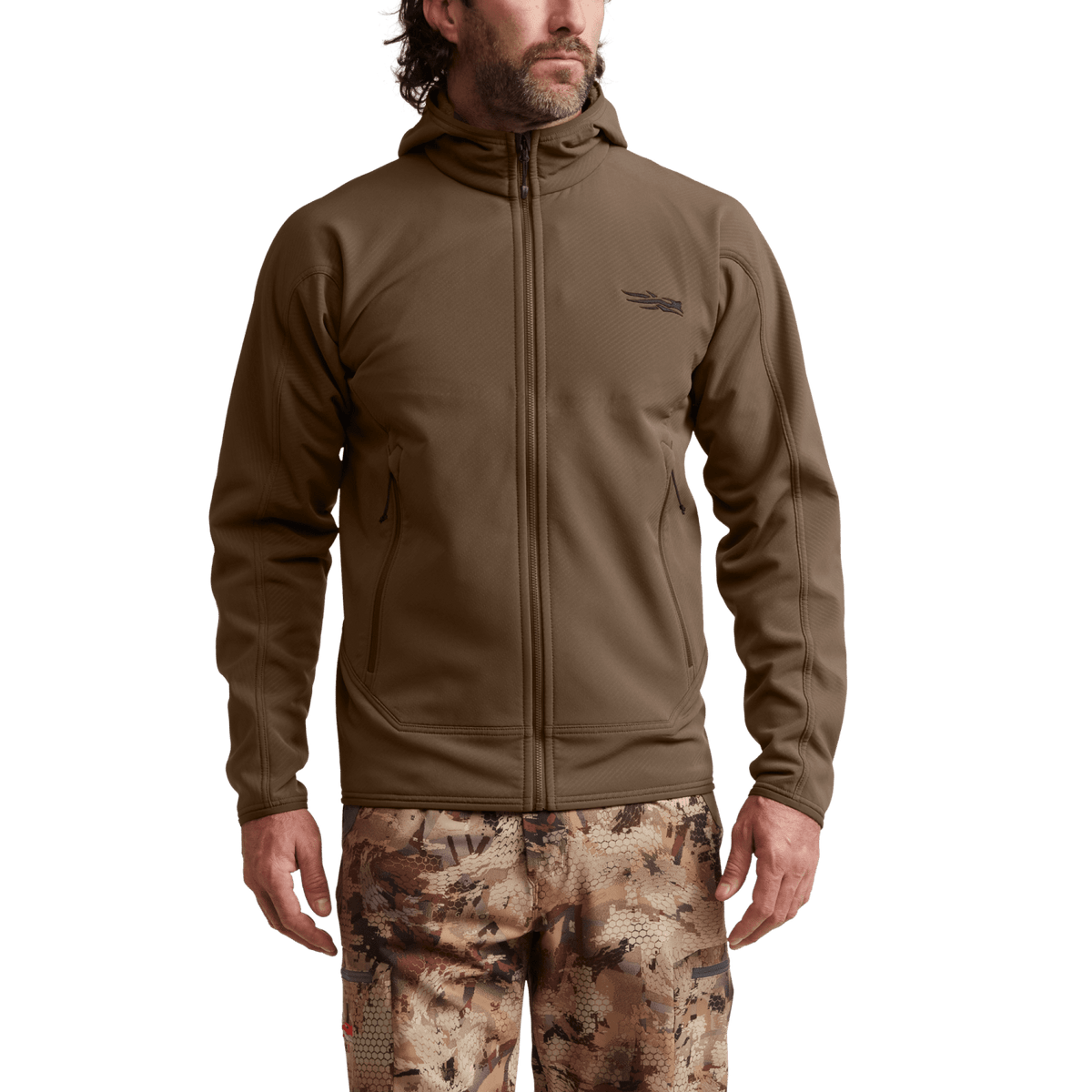Tan/brown fleece hooded jacket with full-zip, side zip pockets, chest logo