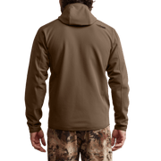 Back view of tan/brown fleece hooded jacket with full-zip and hood