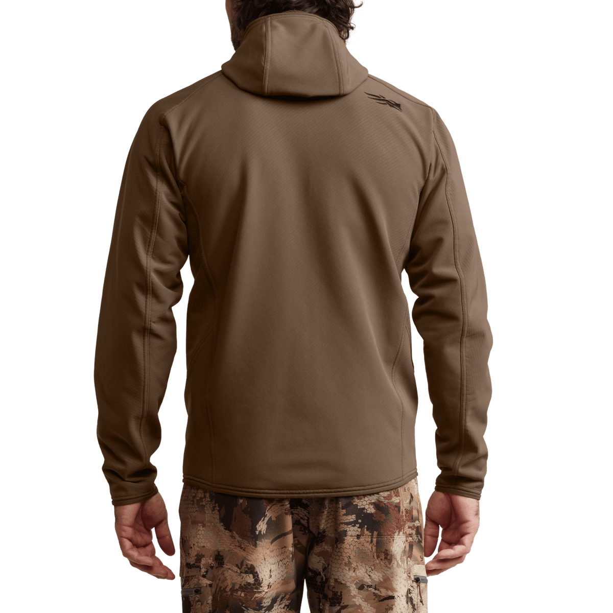 Back view of tan/brown fleece hooded jacket with full-zip and hood