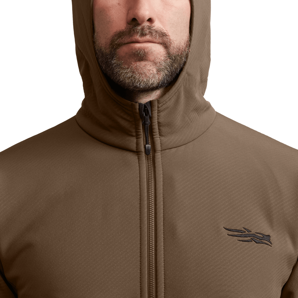 Close-up of tan/brown fleece hooded jacket with full-zip and chest logo
