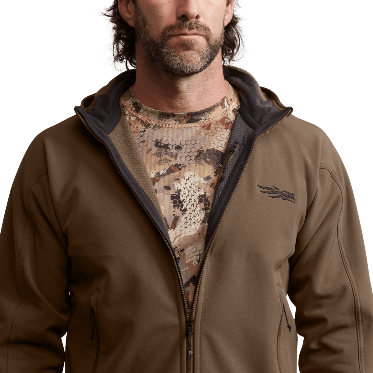 Brown hooded fleece jacket, full-zip front with chest logo and elastic cuffs