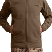 Close-up of tan/brown fleece hooded jacket with full-zip and kangaroo-style pockets