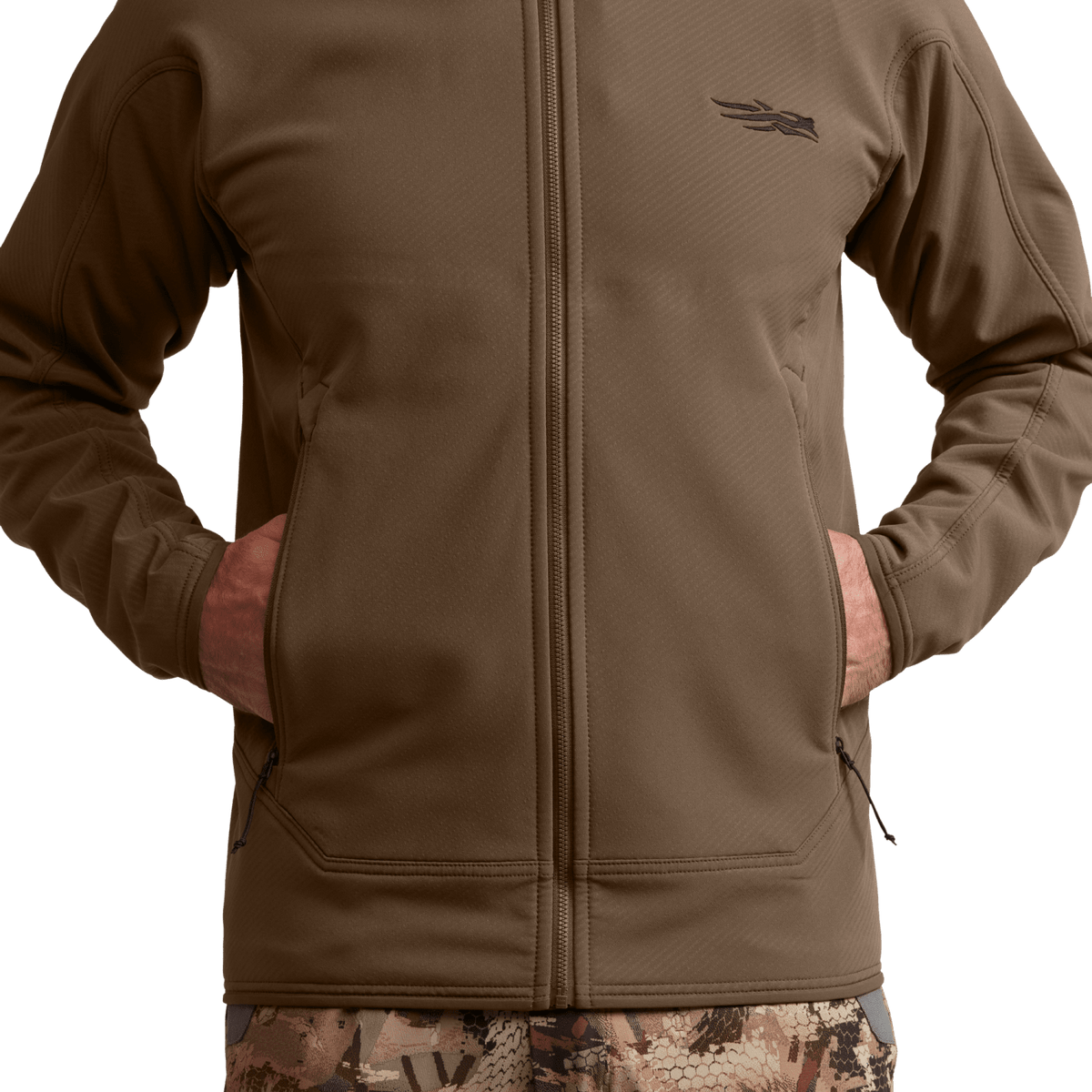 Close-up of tan/brown fleece hooded jacket with full-zip and kangaroo-style pockets