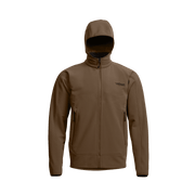 Tan/brown fleece hooded jacket with full-zip front and side zip pockets