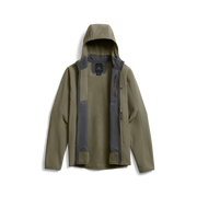 Fleece hooded jacket in olive, open front reveals interior lining and zip pockets