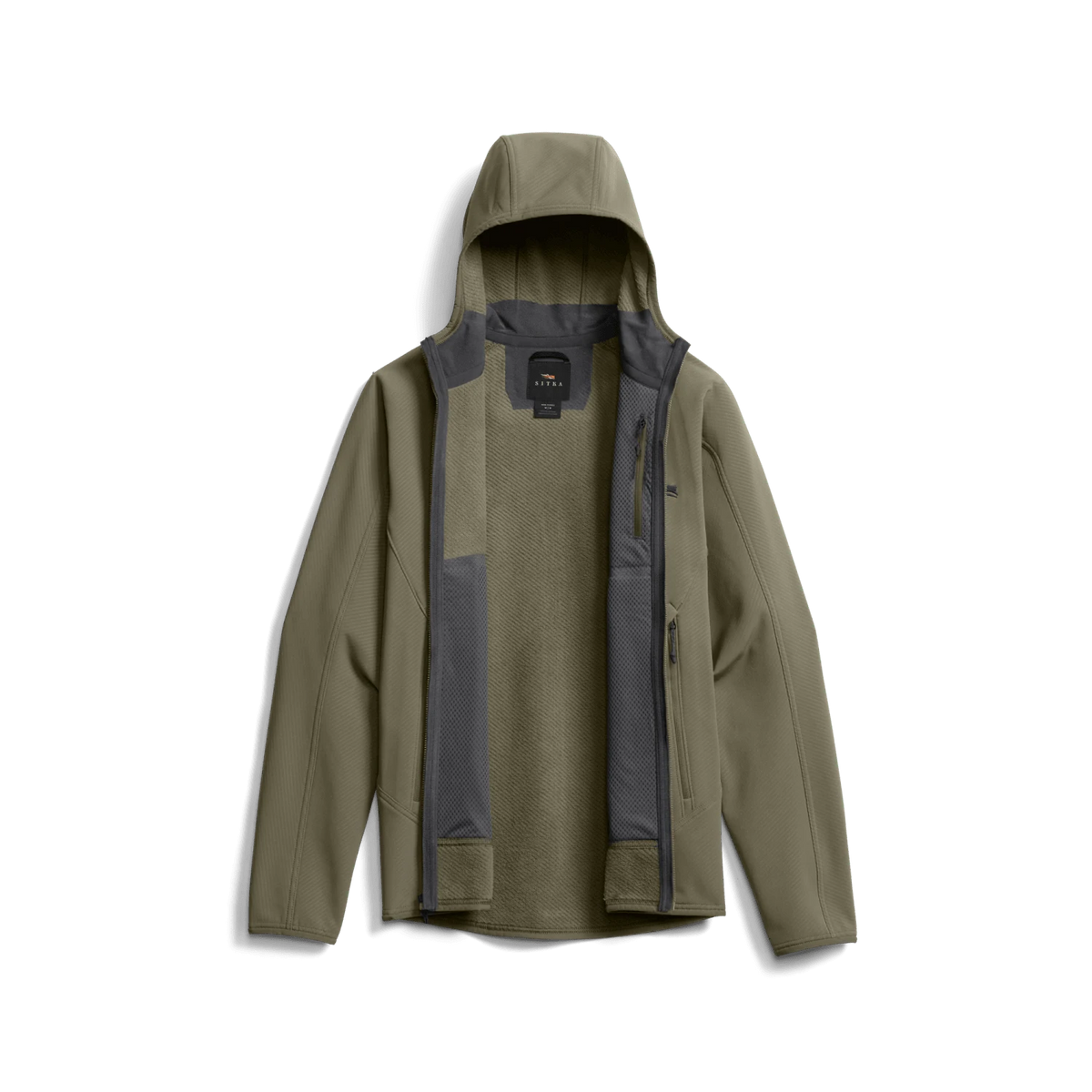 Fleece hooded jacket in olive, open front reveals interior lining and zip pockets