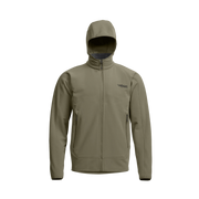 Olive hooded fleece jacket back view with full-zip and small chest logo