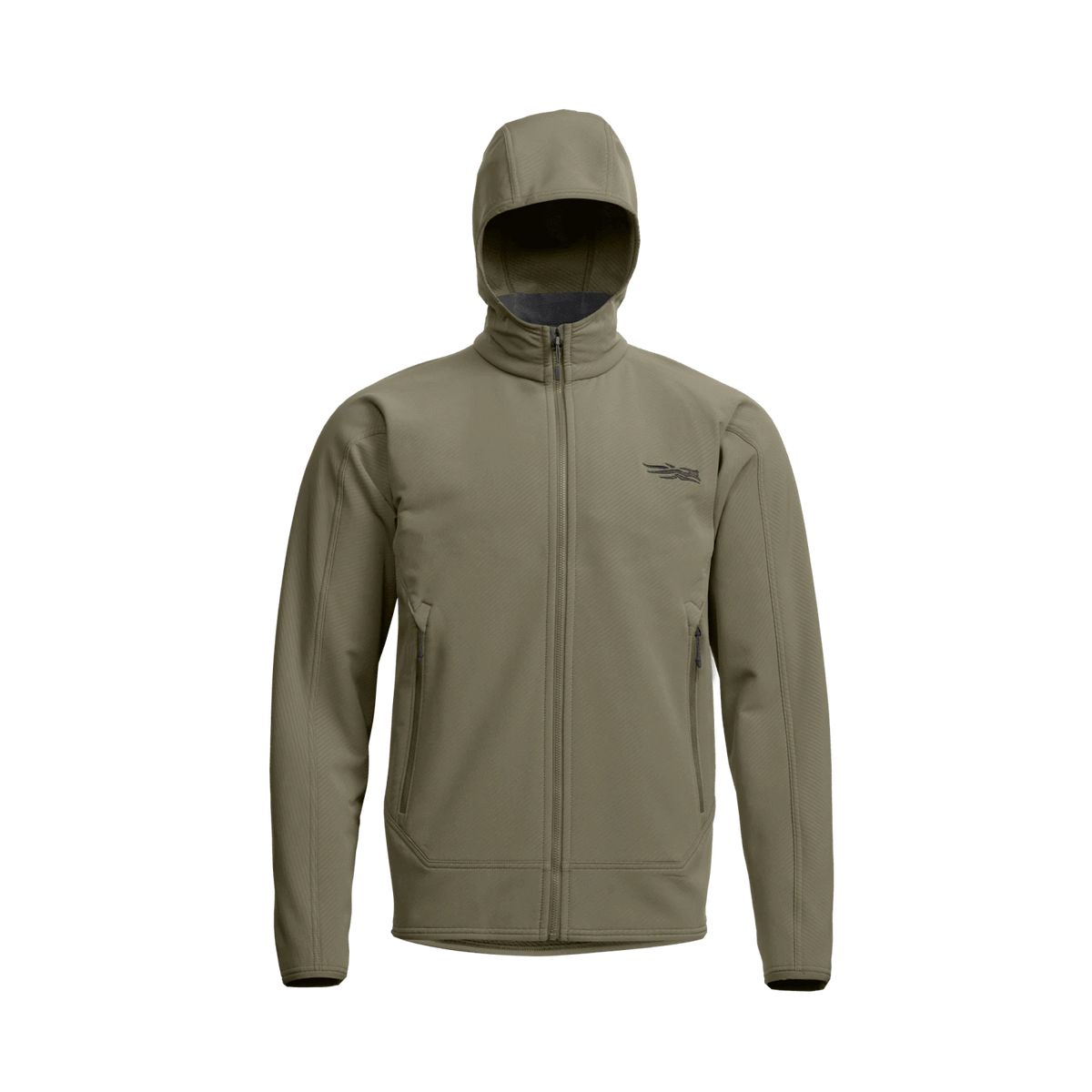 Olive hooded fleece jacket back view with full-zip and small chest logo