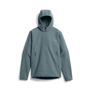 Fleece hooded jacket in blue-gray with hood up, full-zip front, and chest logo