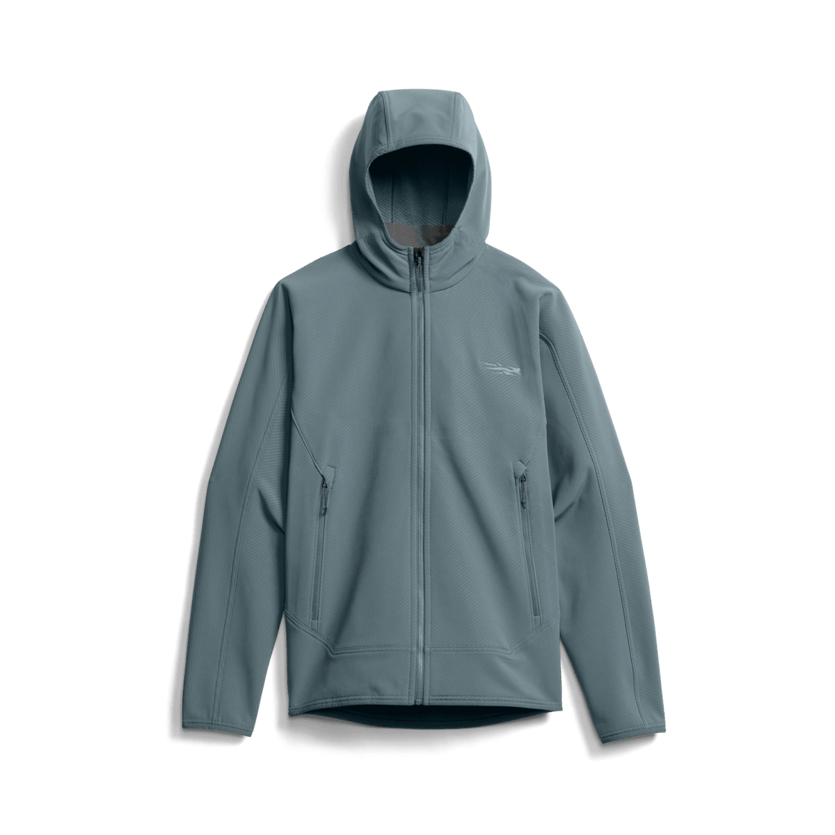 Fleece hooded jacket in blue-gray with hood up, full-zip front, and chest logo