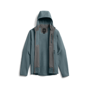 Fleece hooded jacket in blue-gray, open front shows interior lining and zip pockets