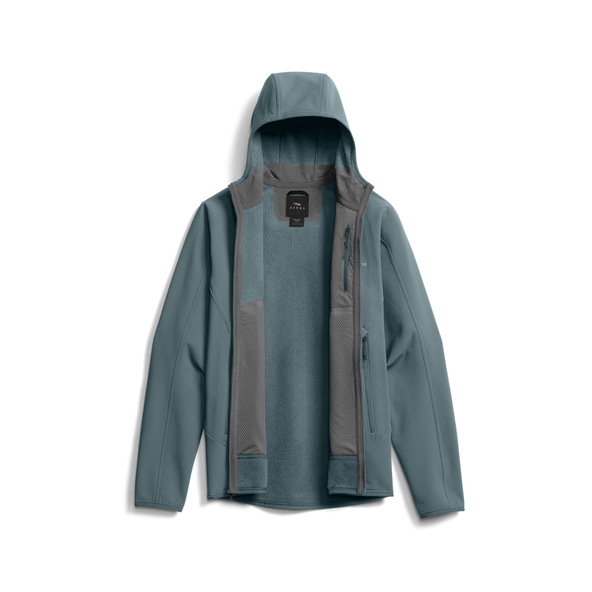 Fleece hooded jacket in blue-gray, open front shows interior lining and zip pockets