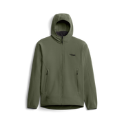 Olive fleece hooded jacket with zip front, elastic cuffs, and zippered hand pockets.
