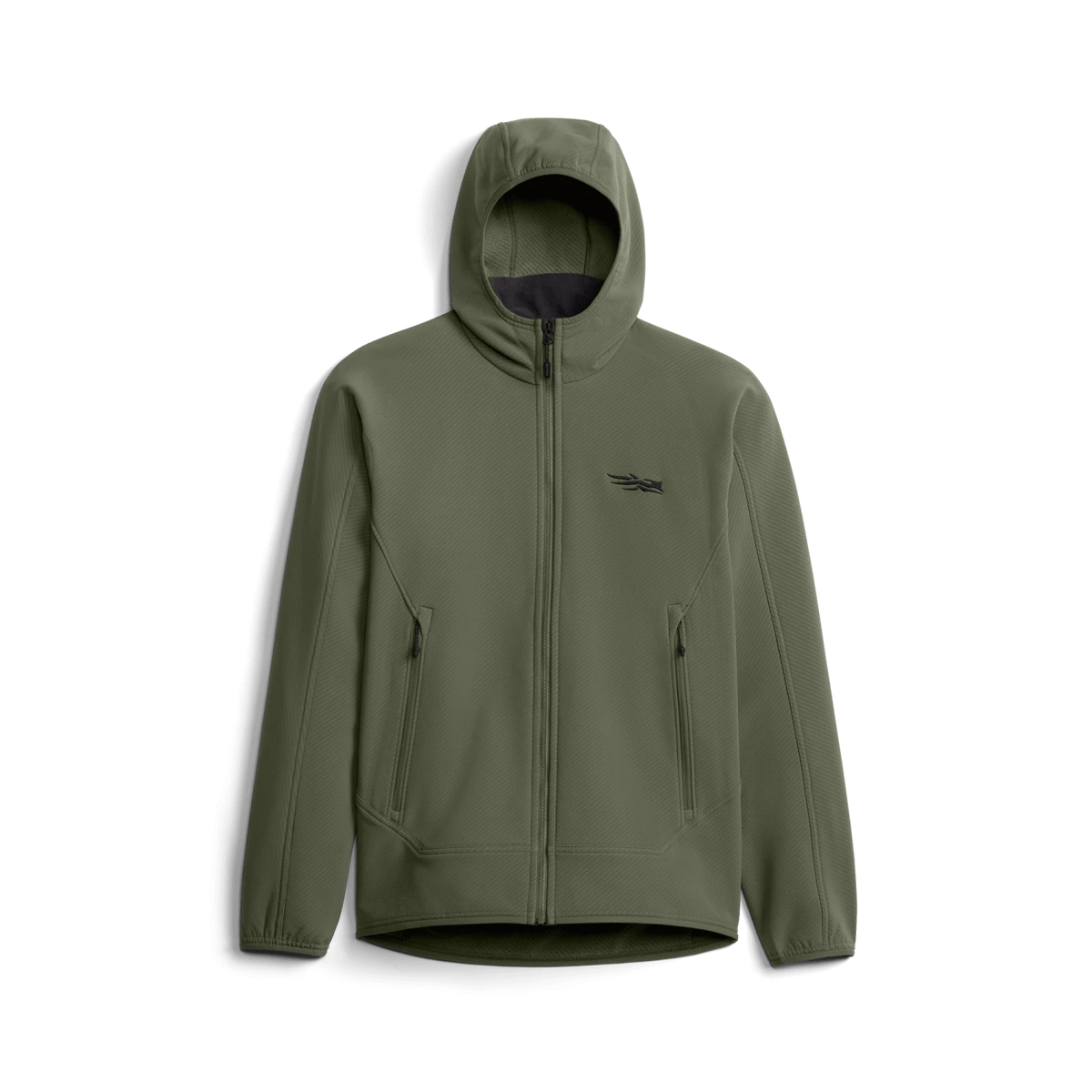 Olive fleece hooded jacket with zip front, elastic cuffs, and zippered hand pockets.
