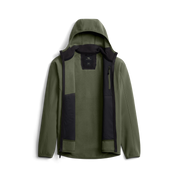 Olive fleece hooded jacket with lining visible; exposed interior panel and hood opening.