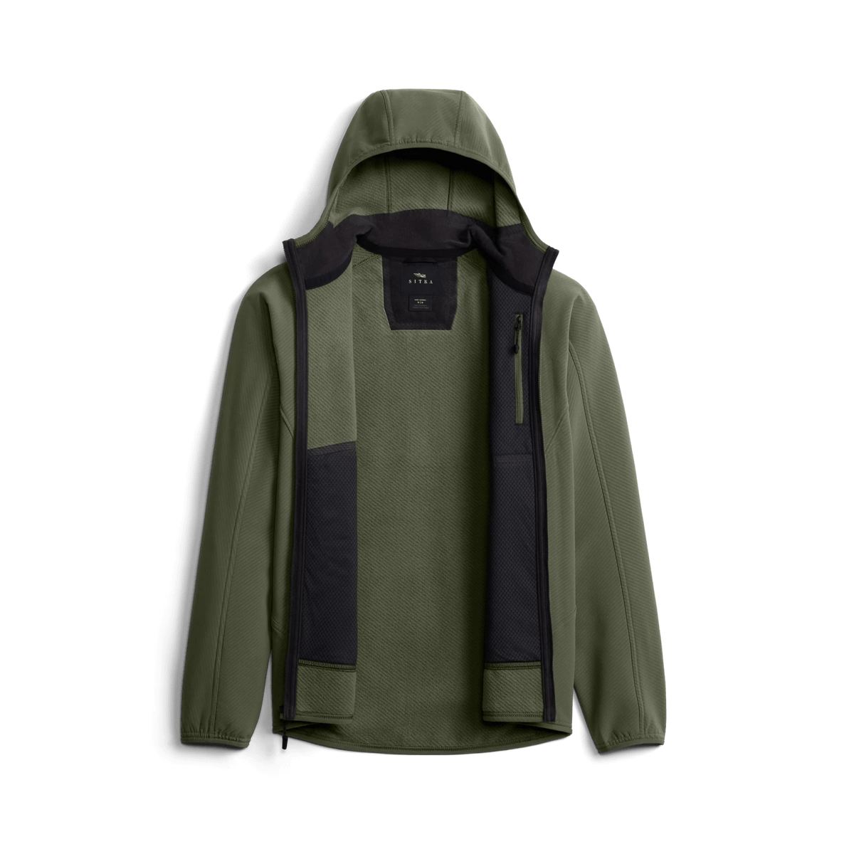 Olive fleece hooded jacket with lining visible; exposed interior panel and hood opening.