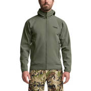 Olive fleece hooded jacket on model with front zipper and two zip hand pockets.