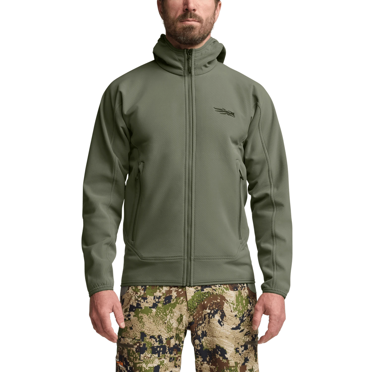 Olive fleece hooded jacket on model with front zipper and two zip hand pockets.