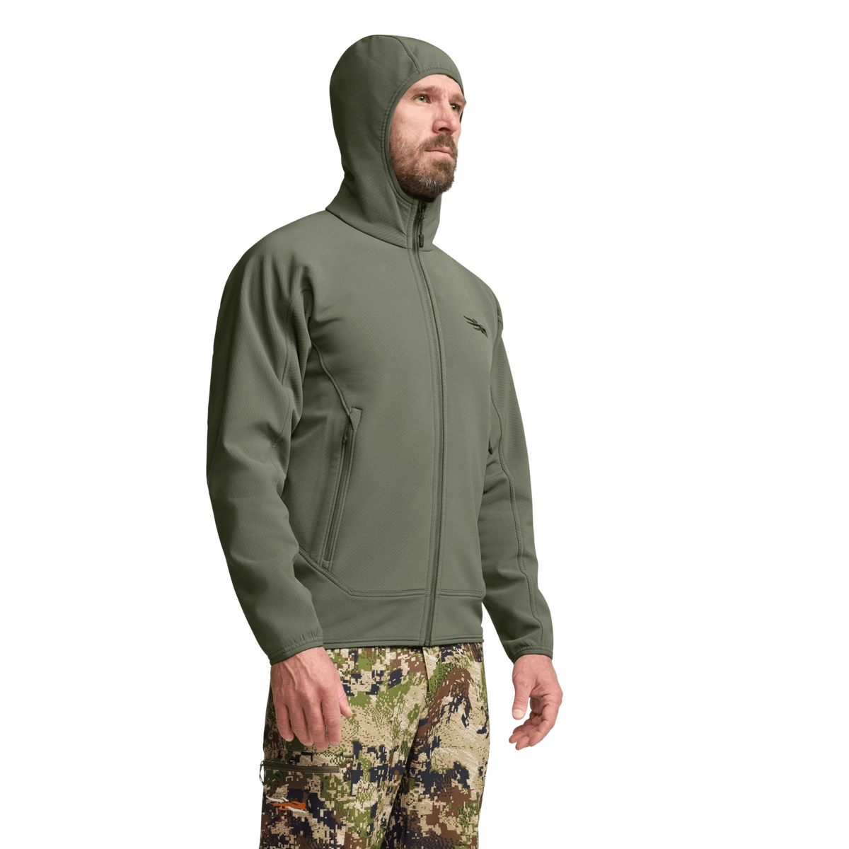 Olive fleece hooded jacket on model, showing side profile with zippered hand pockets.