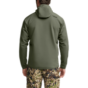 Men's olive green fleece hooded jacket, back view with hood