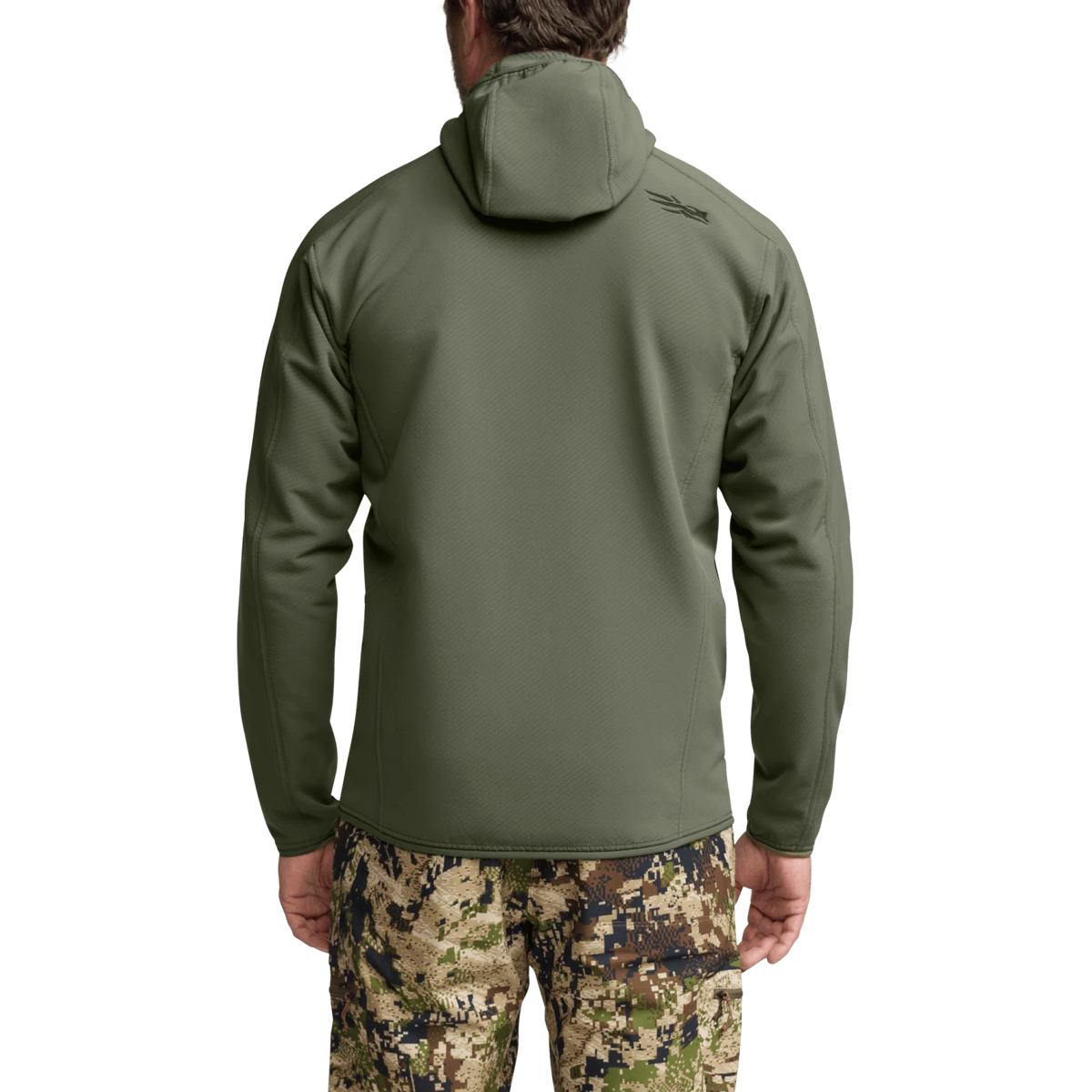 Men's olive green fleece hooded jacket, back view with hood