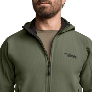 Men's olive green fleece hooded jacket, front quarter view with zip and chest logo