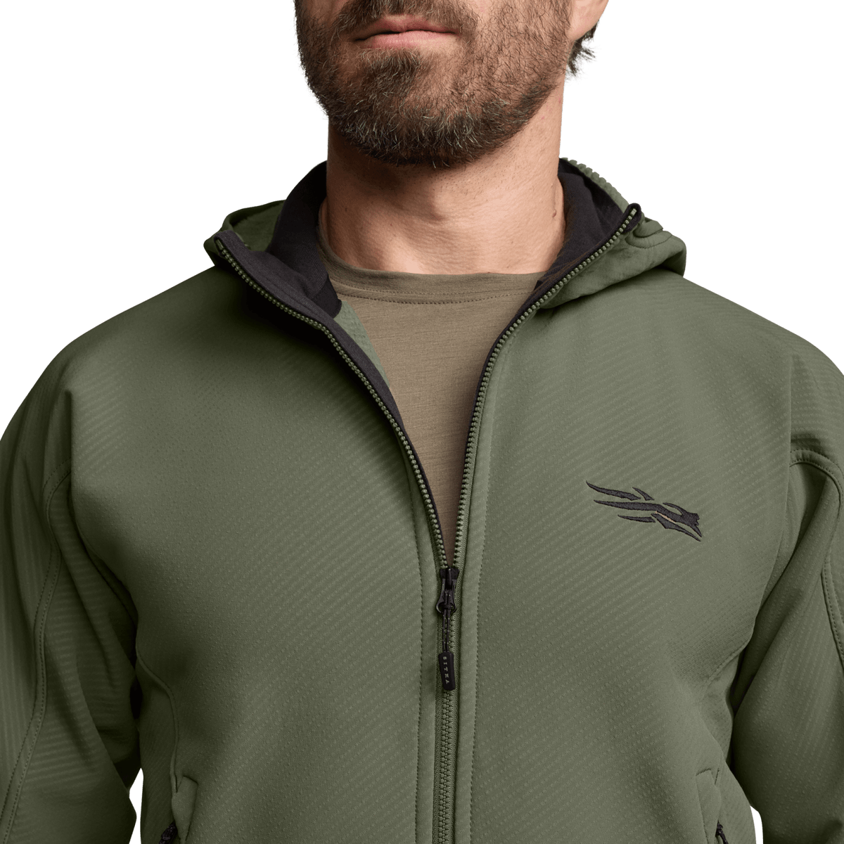 Men's olive green fleece hooded jacket, front quarter view with zip and chest logo