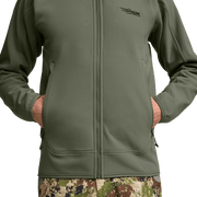 Men's olive green fleece hooded jacket, front view with full zipper and front pockets