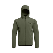 Olive fleece hooded jacket with full-length zipper and two hand pockets; small chest logo.