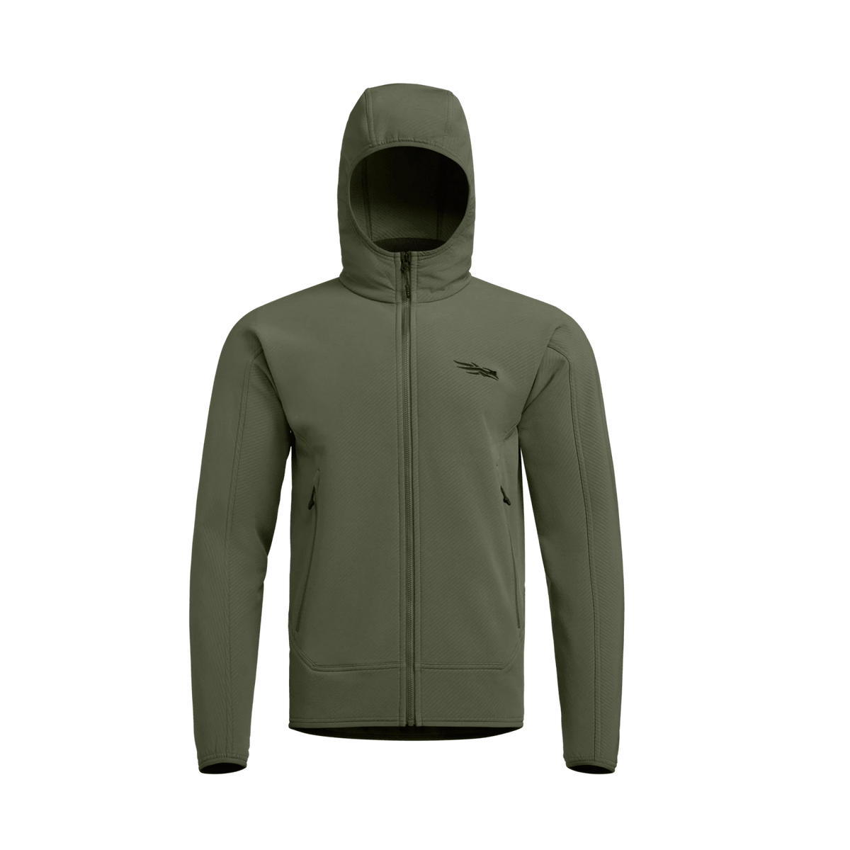Olive fleece hooded jacket with full-length zipper and two hand pockets; small chest logo.