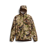 Alpha fleece hooded jacket with camouflage pattern, full-zip front, hood up, elastic cuffs