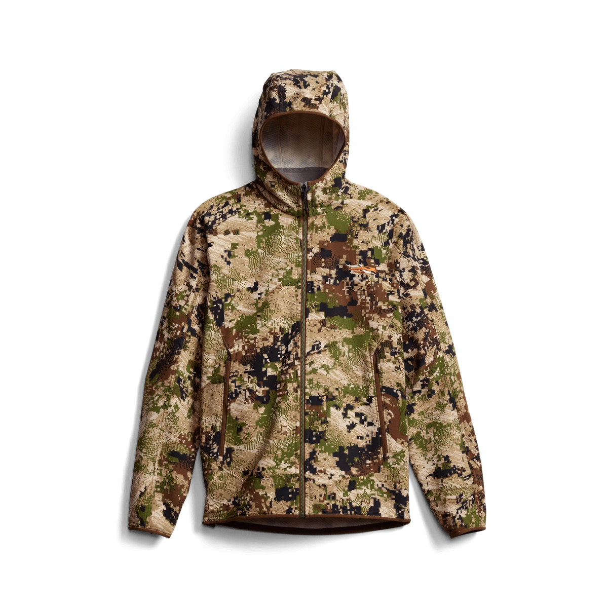 Alpha fleece hooded jacket with camouflage pattern, full-zip front, hood up, elastic cuffs
