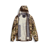 Alpha fleece hooded jacket in camouflage, full-zip with gray inner lining visible