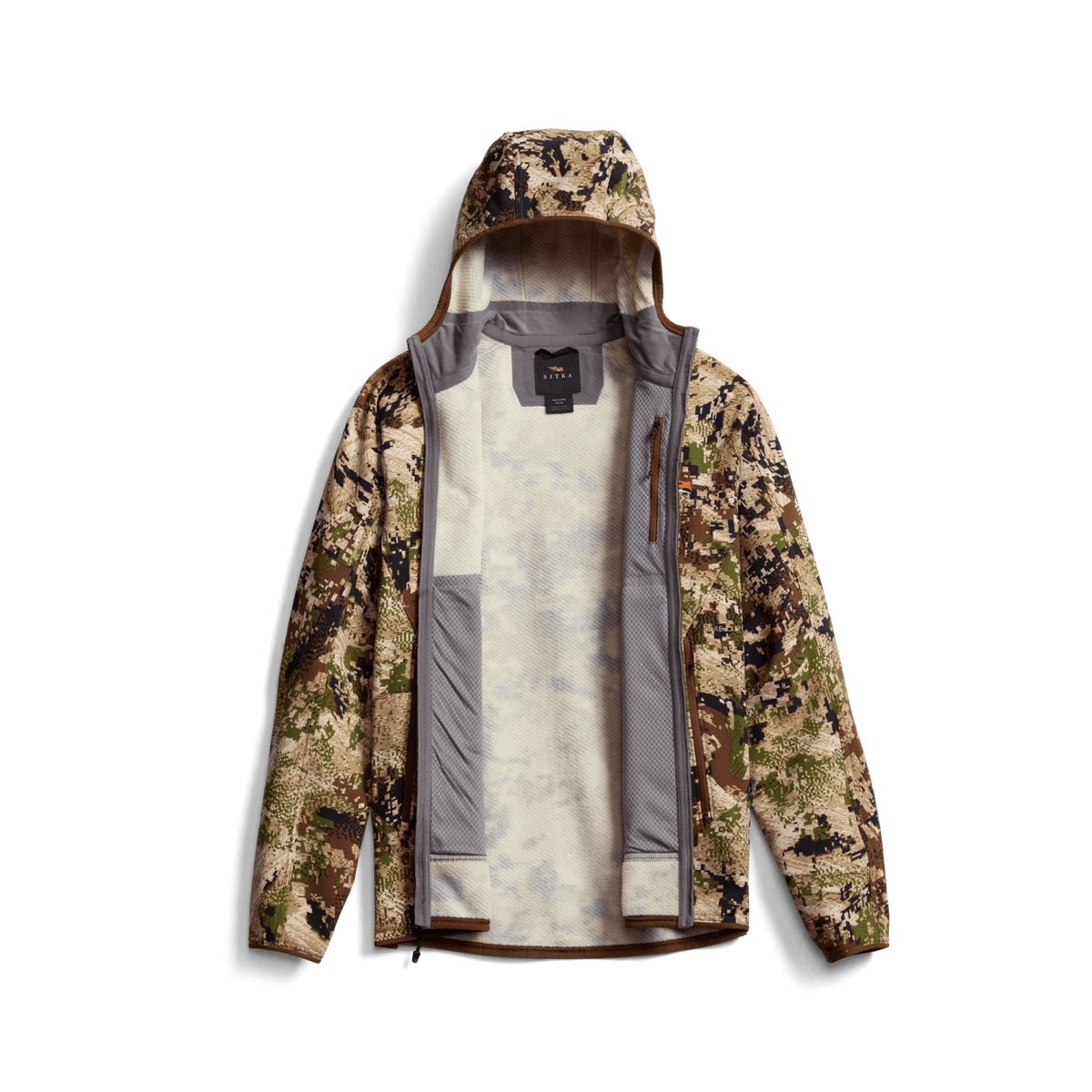 Alpha fleece hooded jacket in camouflage, full-zip with gray inner lining visible